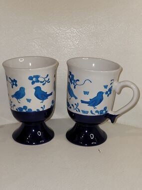 Blue Bird Pedestal Ceramic Mugs - Set of 2